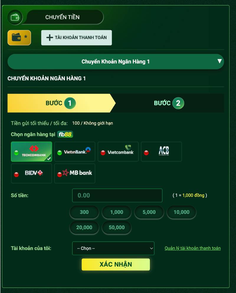 Cách nạp tiền FB88 qua chuyển khoản Banking