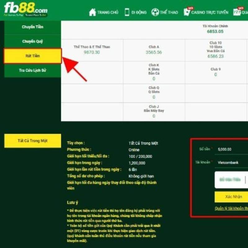 Tiến hành rút tiền FB88 về tài khoản ngân hàng
